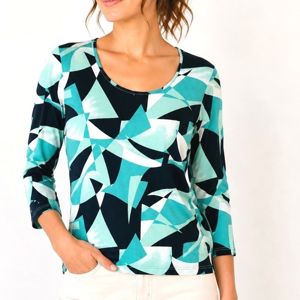 Women'sLR  Blue Abstract Geometric Small Sleeve Silk Cotton Blend Scoop Neck Top